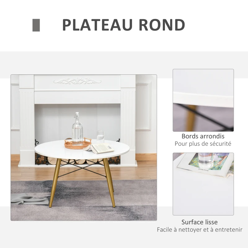HOMCOM Table Basse Ronde pour Salon dim. Ø 80 x 45H cm Pieds en métal doré Plateau en Bois Blanc