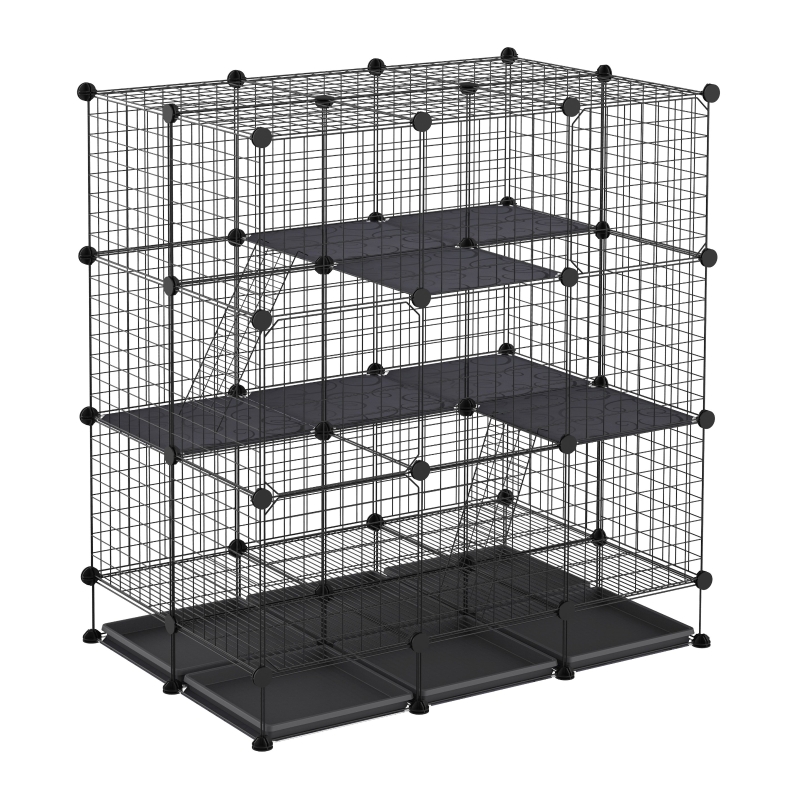 PawHut Cage parc enclos rongeurs modulable 3 niv. 4 portes fil métallique noir