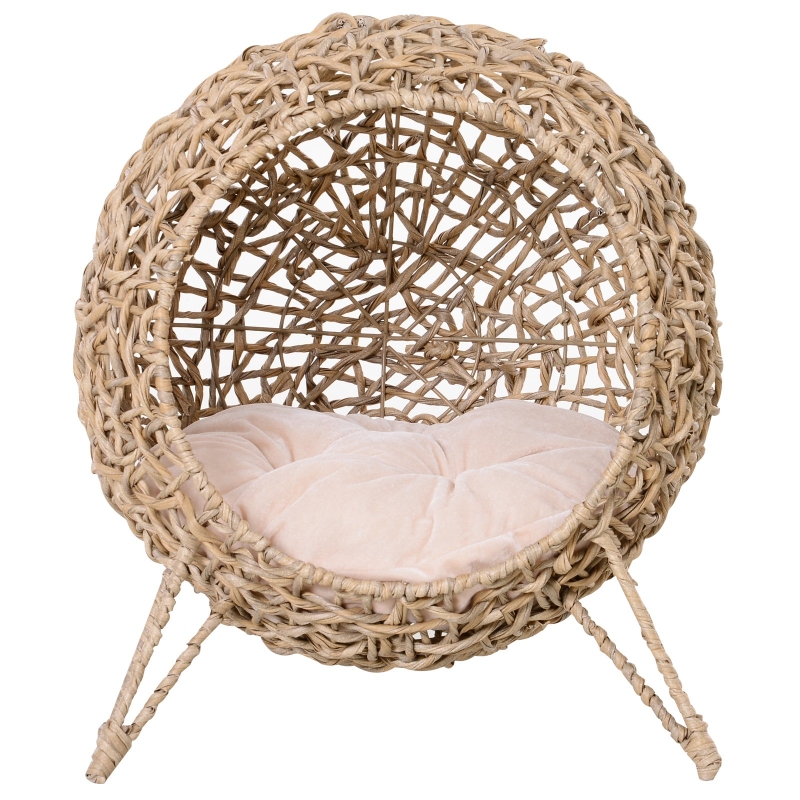 Pawhut Panier chat lit chat cosy grand confort dim. Ø 52 x 58H cm coussin moelleux inclus résine tressée imitation rotin beige