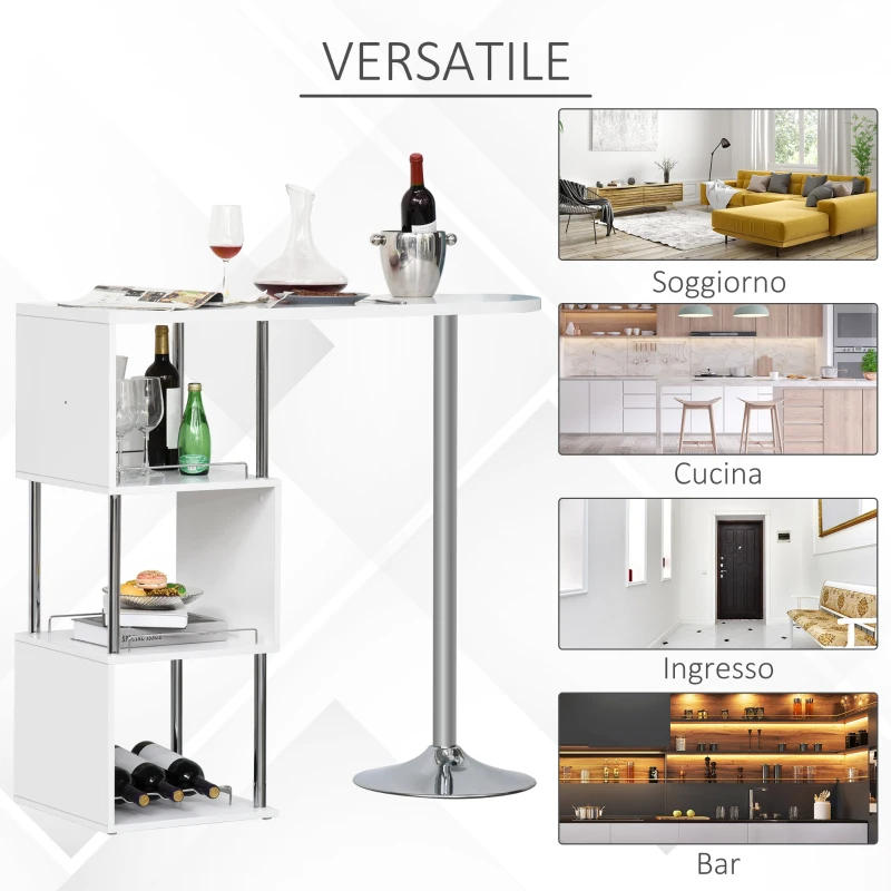 HOMCOM Tavolo Alto da Bar e Cucina 3 Mensole e Porta Bottiglie, Consolle da Ingresso Stile Moderno in Metallo e MDF, Bianco