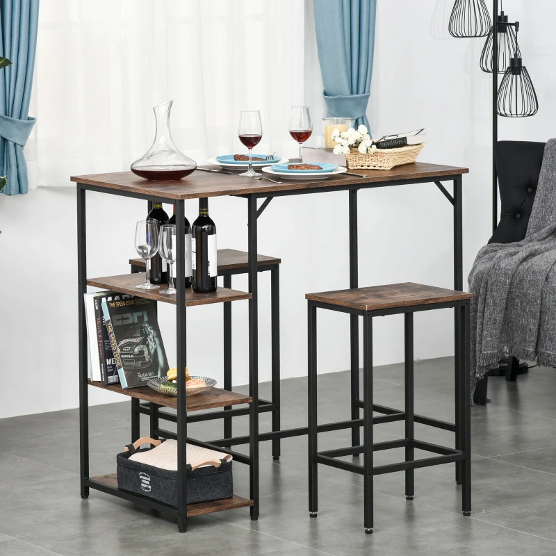 HOMCOM 3 Pieces Industrial Bar Height Dining Table Set with Storage Shelf & 2 Stools for Dining Room, Kitchen, Dinette