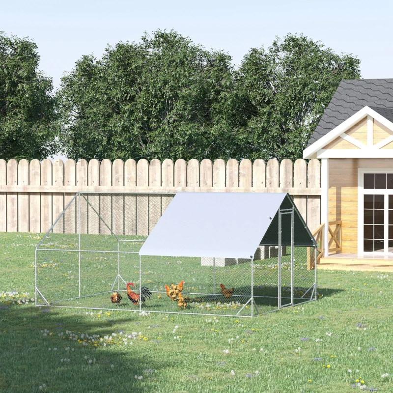 PawHut Walk In Chicken Run Galvanized Chicken Coop Hen Poultry House Cage Rabbit Hutch Pet Playpen Backyard With Water-Resist Cover, 3 x 4 x 2m