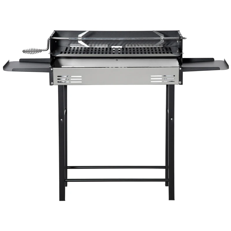 Outsunny BBQ Rotisserie Grill Roaster Charcoal Spit Roasting Machine for Chicken Turkey with 3-Level Grill Grate and Foldable Side Shelves, Stainless Steel
