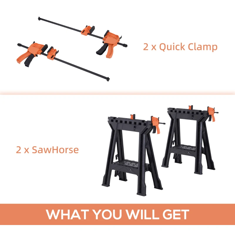 DURHAND 2 PCS Foldable Clamping Sawhorse Trestle Twin Support Bars Cutting Stands Workbench 455kg