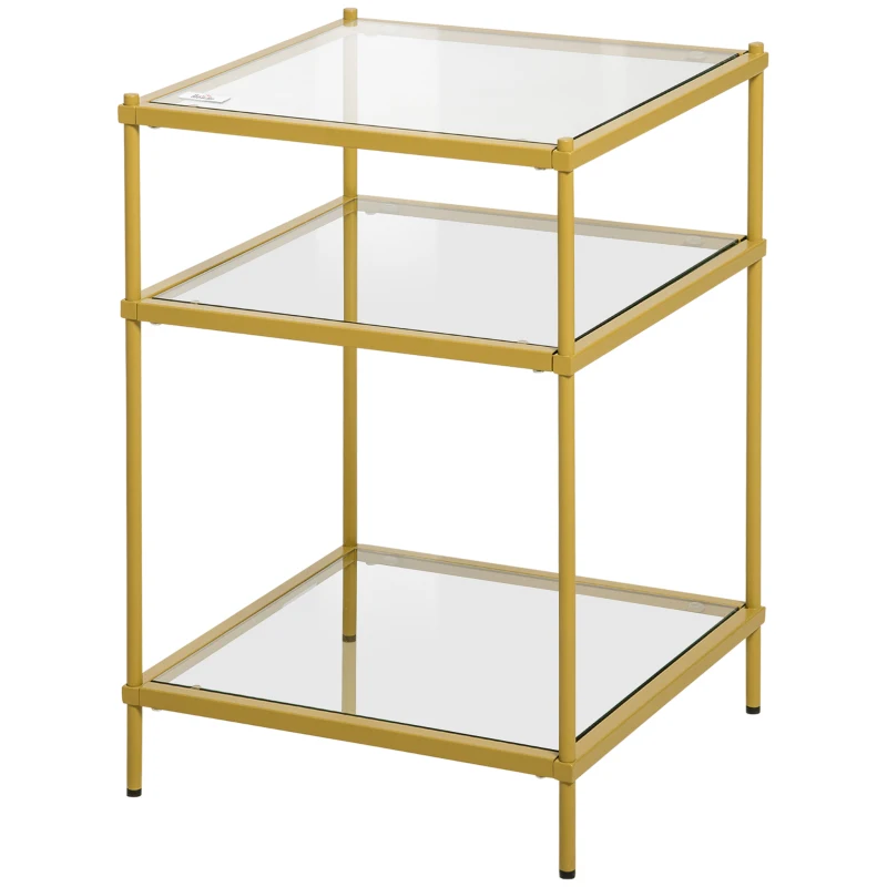 HOMCOM Beistelltisch mit 3 Glasböden Couchtisch Nachttisch mit 3 Regalen mit Stahlrahmen Indoor Outdoor  Glas Gold 40 x 40 x 60 cm