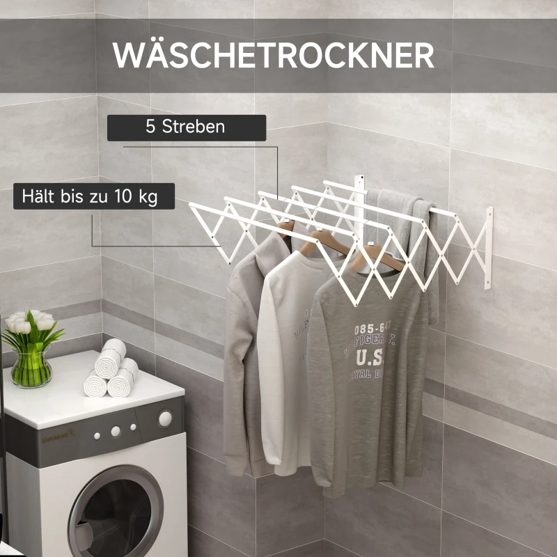 HOMCOM Uitschuifbare Wanddroger, Wandmontage Wasmolen, Opvouwbare Space-Saver voor Kleine Huishoudens, Binnen en Buiten, Metaal, Wit, 63,5 x 60 x 20 cm