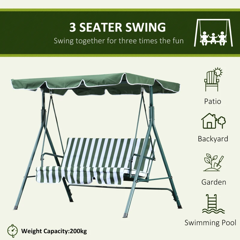 Outsunny 3 Seater Canopy Swing Chair Heavy Duty Outdoor Garden Bench with Sun Cover Metal Frame - Green