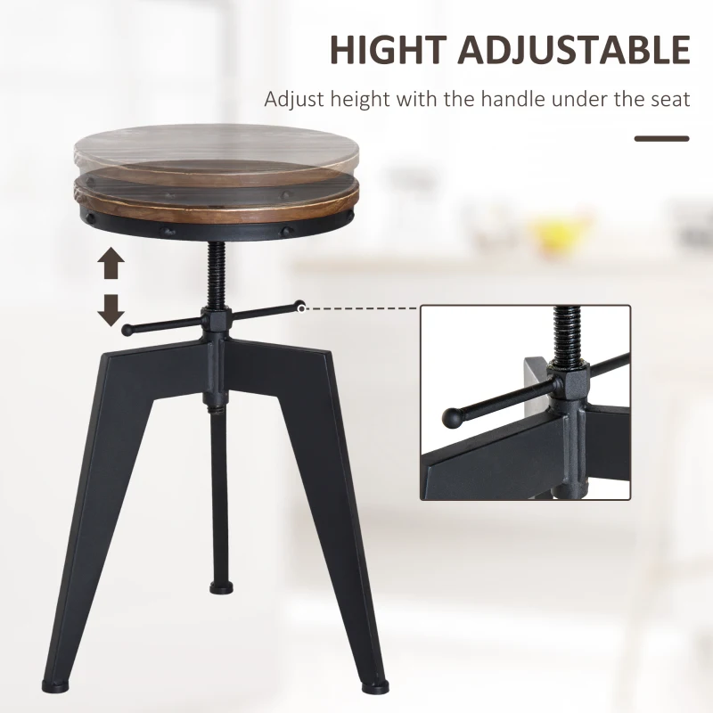 HOMCOM Vintage Industrial Bar Stool Height Adjustable Swivel Kitchen Dining Stool Chair Round Natural Pinewood Seat Metal Leg (Type D)