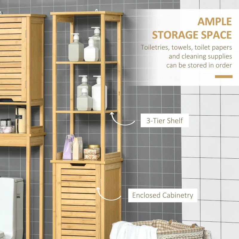 Kleankin Bathroom Floor Cabinet with 3 Shelves and Cupboard, Slim and Freestanding Organiser, Tallboy with Storage, Natural