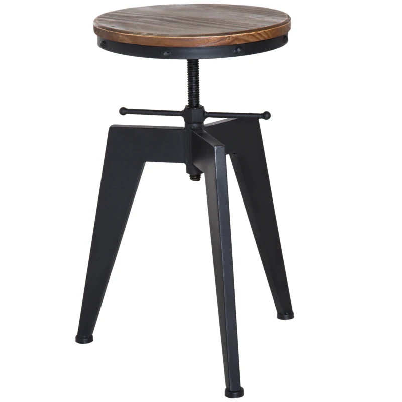 HOMCOM Vintage Industrial Bar Stool Height Adjustable Swivel Kitchen Dining Stool Chair Round Natural Pinewood Seat Metal Leg (Type D)