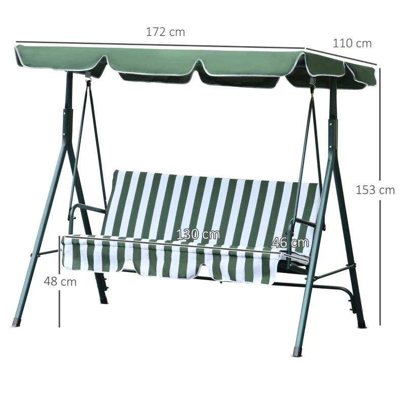 Outsunny 3 Seater Canopy Swing Chair Heavy Duty Outdoor Garden Bench with Sun Cover Metal Frame - Green