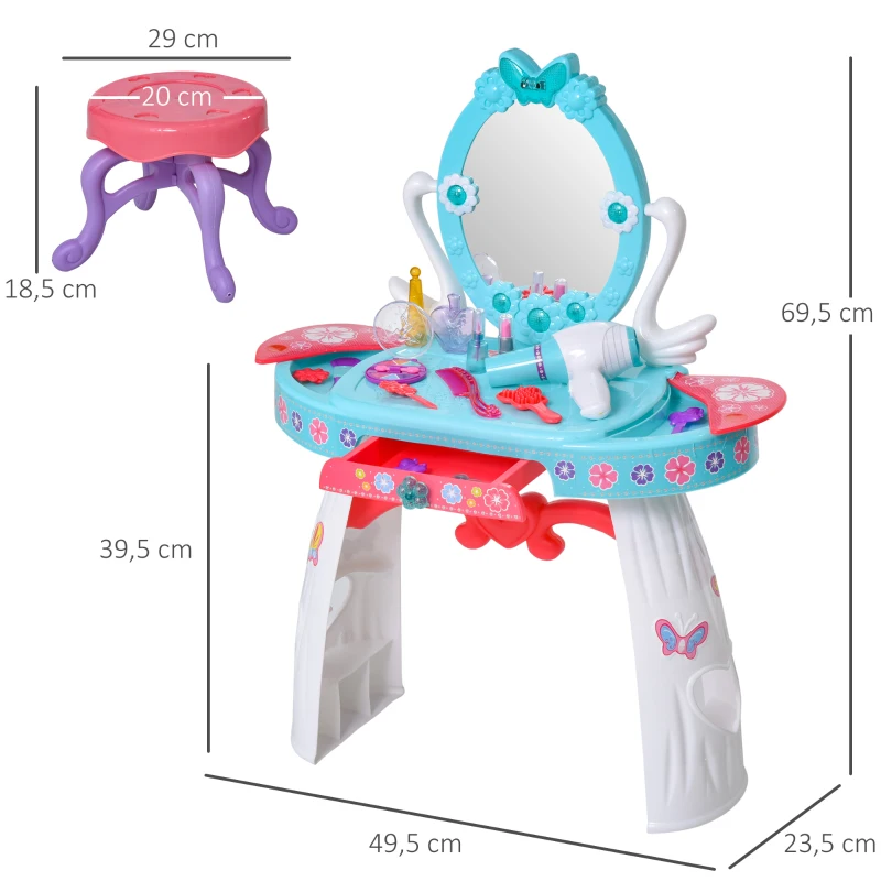 HOMCOM Kids Pretend Vanity Table Stool Beauty Pretend Princess Dressing Table Play Set with Mirror Lights Music & Makeup Accessories for Girls 3 Years Old Blue