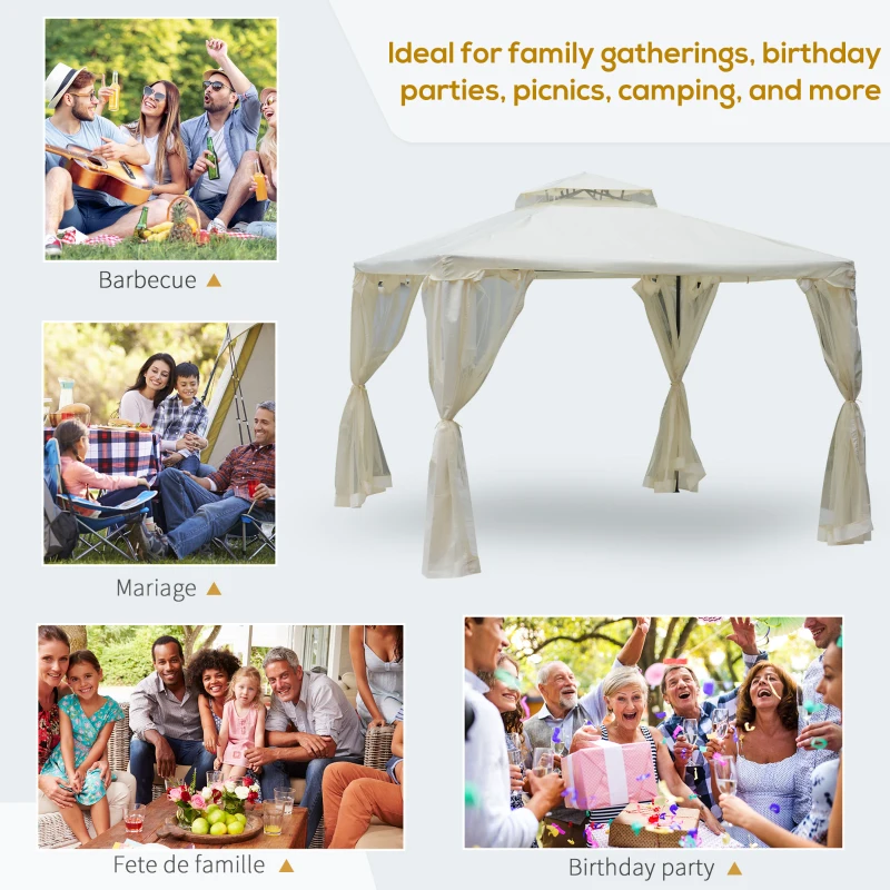 Outsunny 3 x 3 Meter Metal Gazebo Garden Outdoor 2-tier Roof Marquee Party Tent Canopy Pavillion Patio Shelter with Netting - Cream White(m-7)