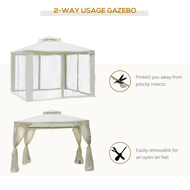 Outsunny 3 x 3 Meter Metal Gazebo Garden Outdoor 2-tier Roof Marquee Party Tent Canopy Pavillion Patio Shelter with Netting - Cream White(m-4)