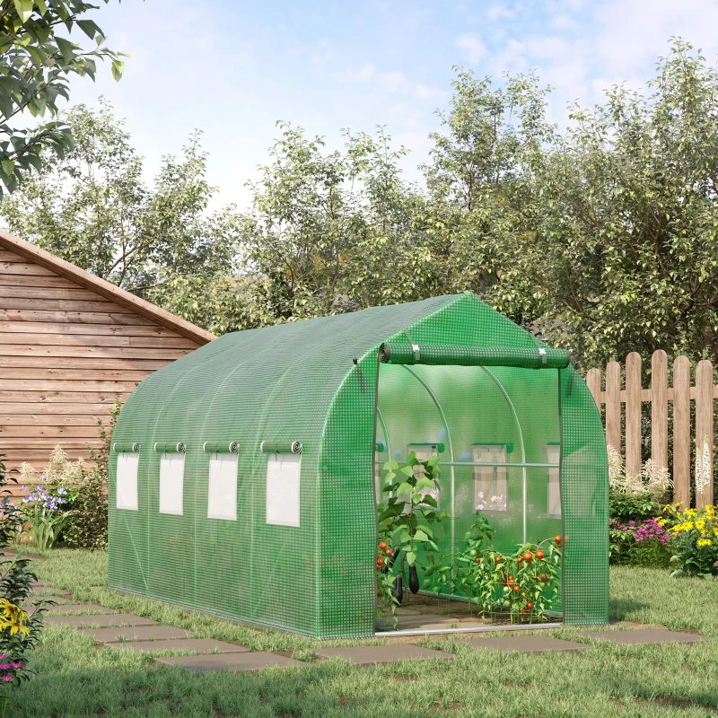 Outsunny Walk in Polytunnel Greenhouse with Windows and Door for Garden and Backyard, Green