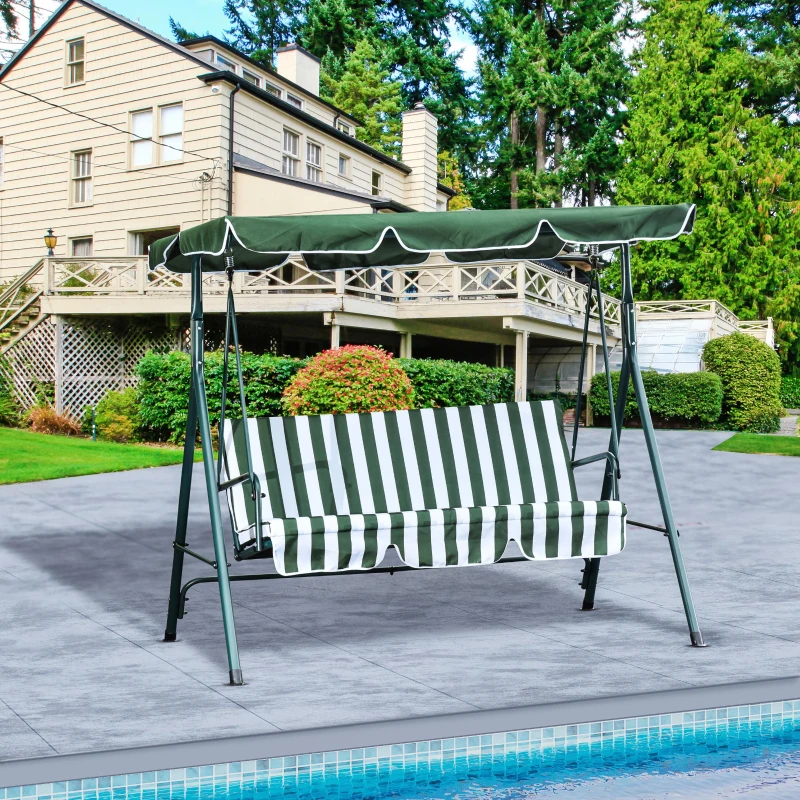 Outsunny 3 Seater Canopy Swing Chair Heavy Duty Outdoor Garden Bench with Sun Cover Metal Frame - Green