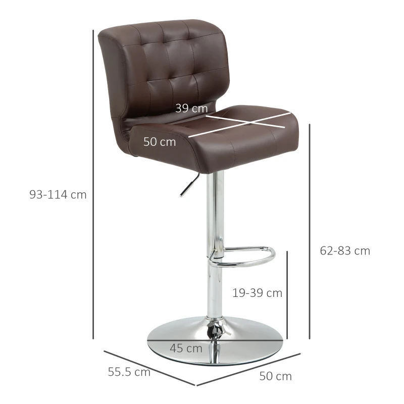 HOMCOM Set Of 2 PU Leather Tufted Bar Stools Chairs Dining Seats Adjustable Height Swivel w/ Footrest for Kitchen Counter Home Bar Brown