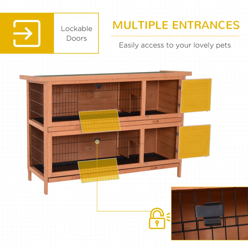 PawHut Rabbit Hutch Outdoor Guinea Pig Hutch Bunny Cage with No-Leak Trays and Divider, 136 x 50 x 93cm, Orange
