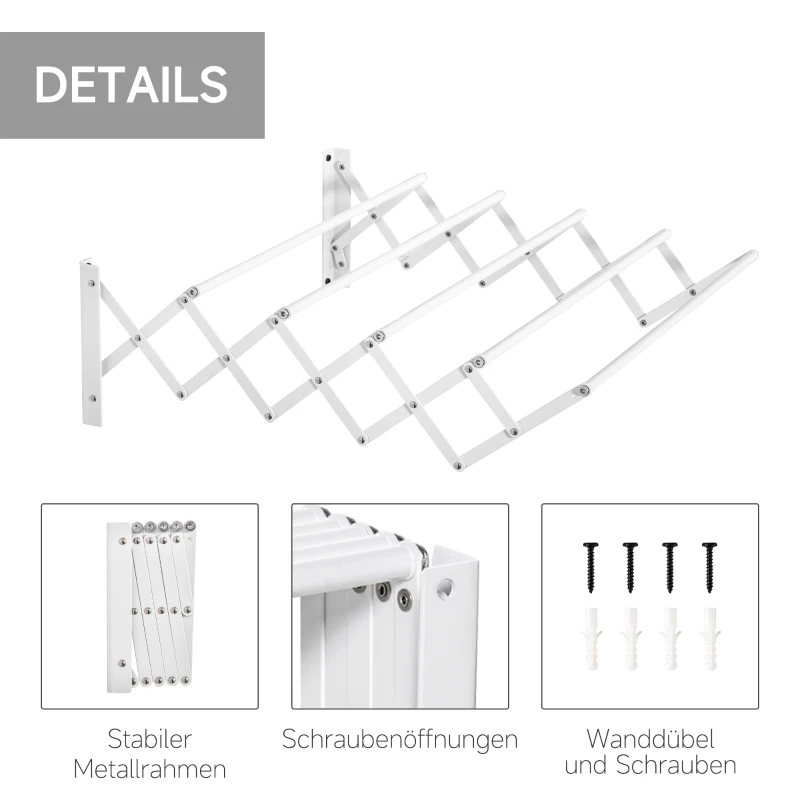 HOMCOM Uitschuifbare Wanddroger, Wandmontage Wasmolen, Opvouwbare Space-Saver voor Kleine Huishoudens, Binnen en Buiten, Metaal, Wit, 63,5 x 60 x 20 cm