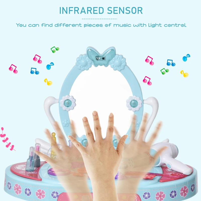 HOMCOM Kids Pretend Vanity Table Stool Beauty Pretend Princess Dressing Table Play Set with Mirror Lights Music & Makeup Accessories for Girls 3 Years Old Blue