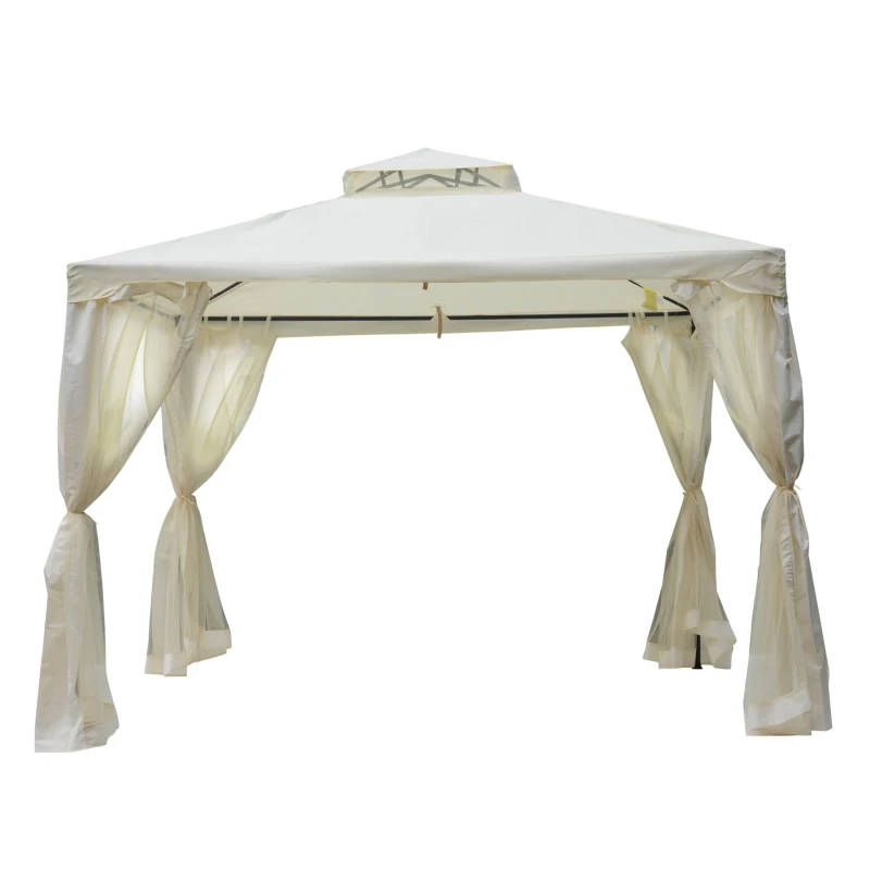 Outsunny 3 x 3 Meter Metal Gazebo Garden Outdoor 2-tier Roof Marquee Party Tent Canopy Pavillion Patio Shelter with Netting - Cream White(m-13)