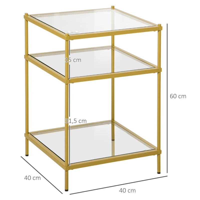 HOMCOM Beistelltisch mit 3 Glasböden Couchtisch Nachttisch mit 3 Regalen mit Stahlrahmen Indoor Outdoor  Glas Gold 40 x 40 x 60 cm