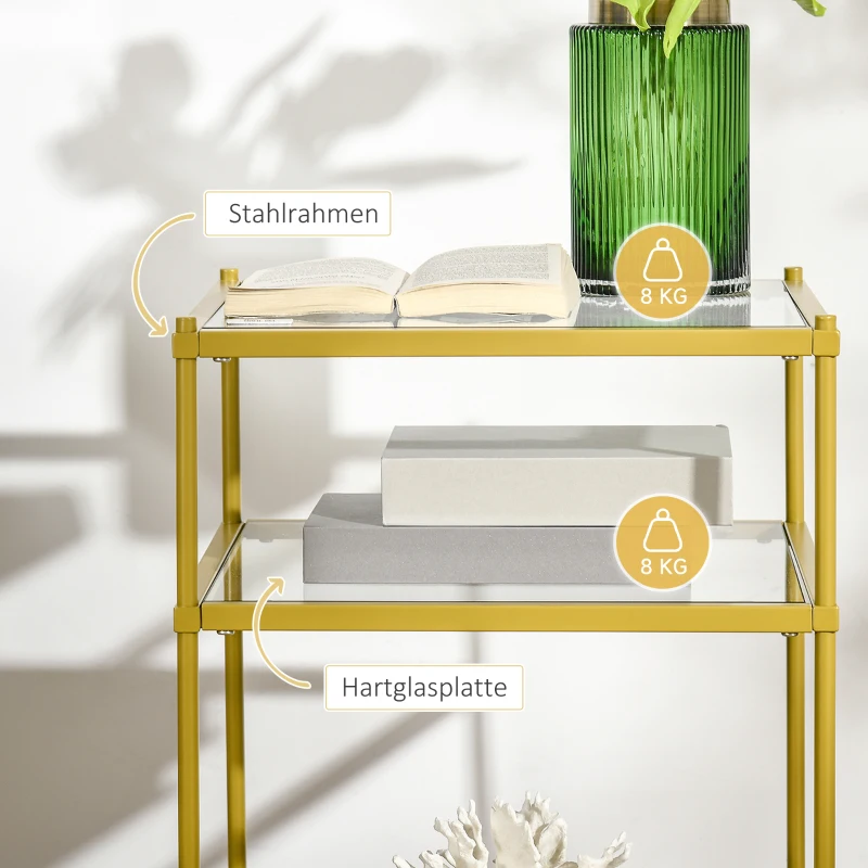 HOMCOM Beistelltisch mit 3 Glasböden Couchtisch Nachttisch mit 3 Regalen mit Stahlrahmen Indoor Outdoor  Glas Gold 40 x 40 x 60 cm