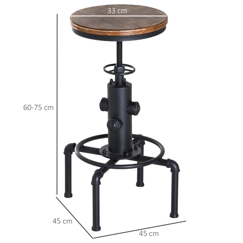 HOMCOM Vintage Industrial Bar Stool Height Adjustable Swivel Kitchen Dining Stool Chair Round Natural Pinewood Seat Metal Footrest (Type F)