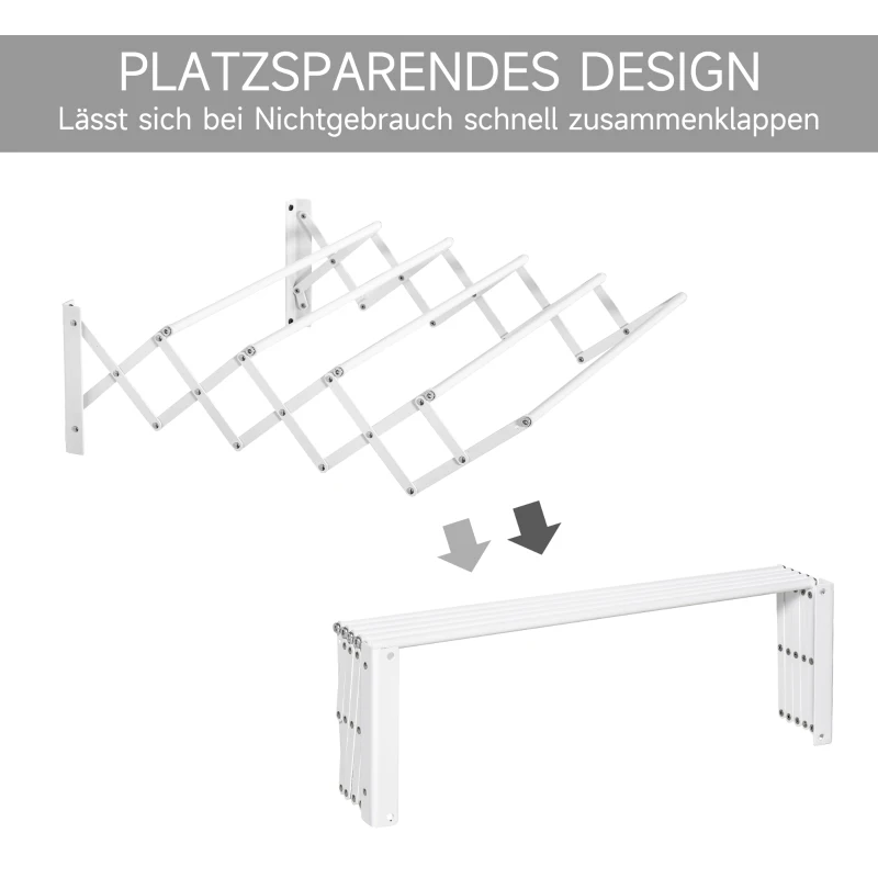 HOMCOM Uitschuifbare Wanddroger, Wandmontage Wasmolen, Opvouwbare Space-Saver voor Kleine Huishoudens, Binnen en Buiten, Metaal, Wit, 63,5 x 60 x 20 cm
