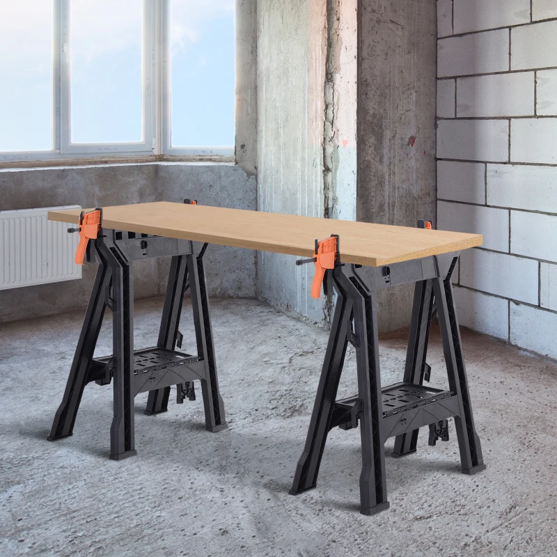 DURHAND 2 PCS Foldable Clamping Sawhorse Trestle Twin Support Bars Cutting Stands Workbench 455kg