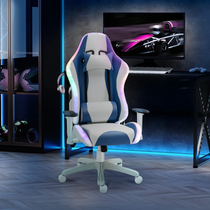 Vinsetto Video Game Chair with RGB LED Light, Bluetooth Speakers Music Racing Gaming Chair PU Leather 360° Swivel with Headrest Pillow, White
