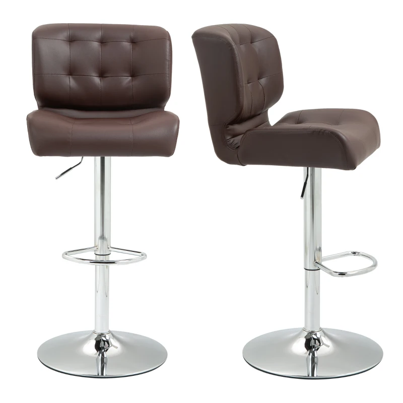 HOMCOM Set Of 2 PU Leather Tufted Bar Stools Chairs Dining Seats Adjustable Height Swivel w/ Footrest for Kitchen Counter Home Bar Brown