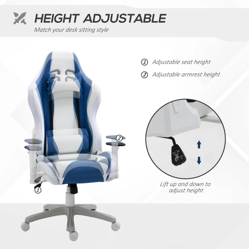 Vinsetto Video Game Chair with RGB LED Light, Bluetooth Speakers Music Racing Gaming Chair PU Leather 360° Swivel with Headrest Pillow, White