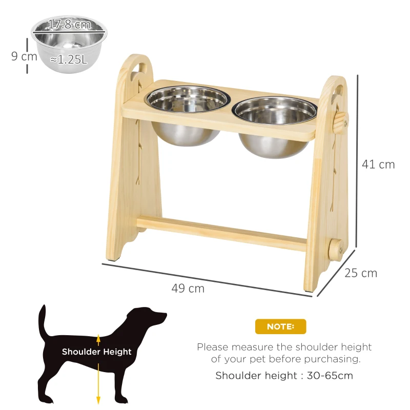 PawHut Raised Dog Bowls with Stand Adjustable Raised Pet Feeder with 2 Removable Stainless Steel Bowls for Small to Extra Large Dogs, Natural