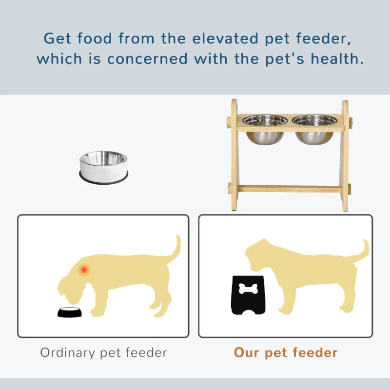 PawHut Raised Dog Bowls with Stand Adjustable Raised Pet Feeder with 2 Removable Stainless Steel Bowls for Small to Extra Large Dogs, Natural