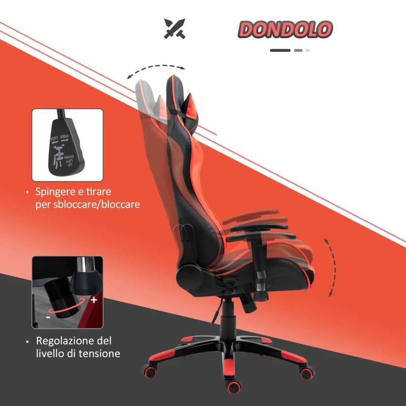 HOMCOM Sedia Gaming Professionale Girevole，Sedia da Ufficio Reclinabile con Sostegno Lombare e Collo PVC 67 x 67 x 123-132cm Nero-rosso