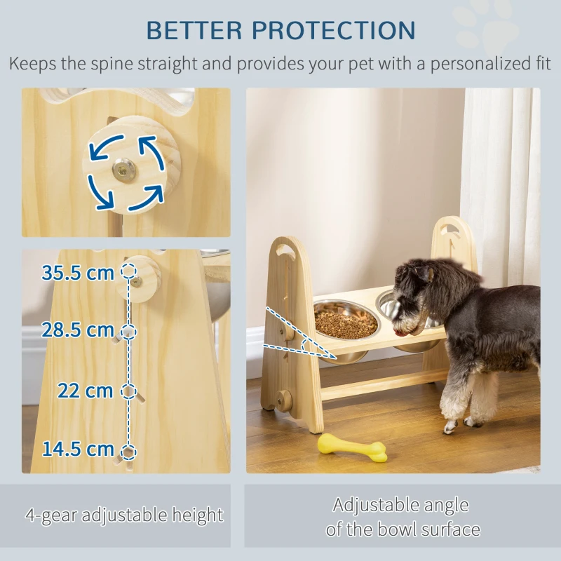 PawHut Raised Dog Bowls with Stand Adjustable Raised Pet Feeder with 2 Removable Stainless Steel Bowls for Small to Extra Large Dogs, Natural