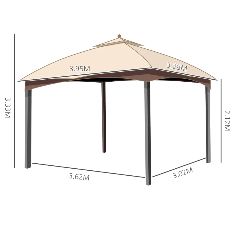 Outsunny 4 x 3(m) Patio Metal Gazebo, Garden Canopy Shelter with Double Tier Roof, Removable Netting and Curtains Marquee Tent, Khaki