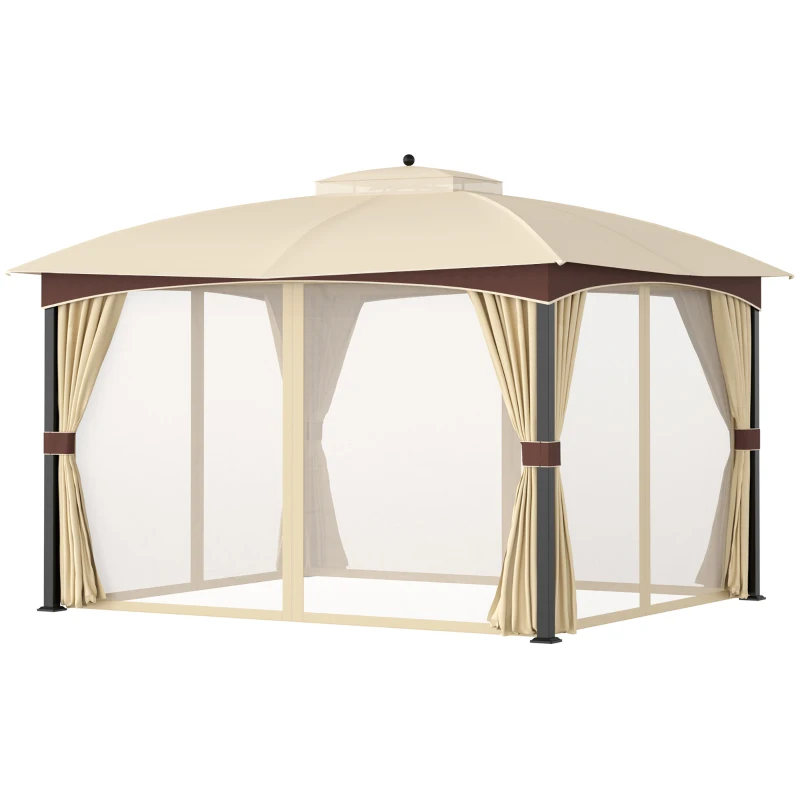 Outsunny 4 x 3(m) Patio Metal Gazebo, Garden Canopy Shelter with Double Tier Roof, Removable Netting and Curtains Marquee Tent, Khaki