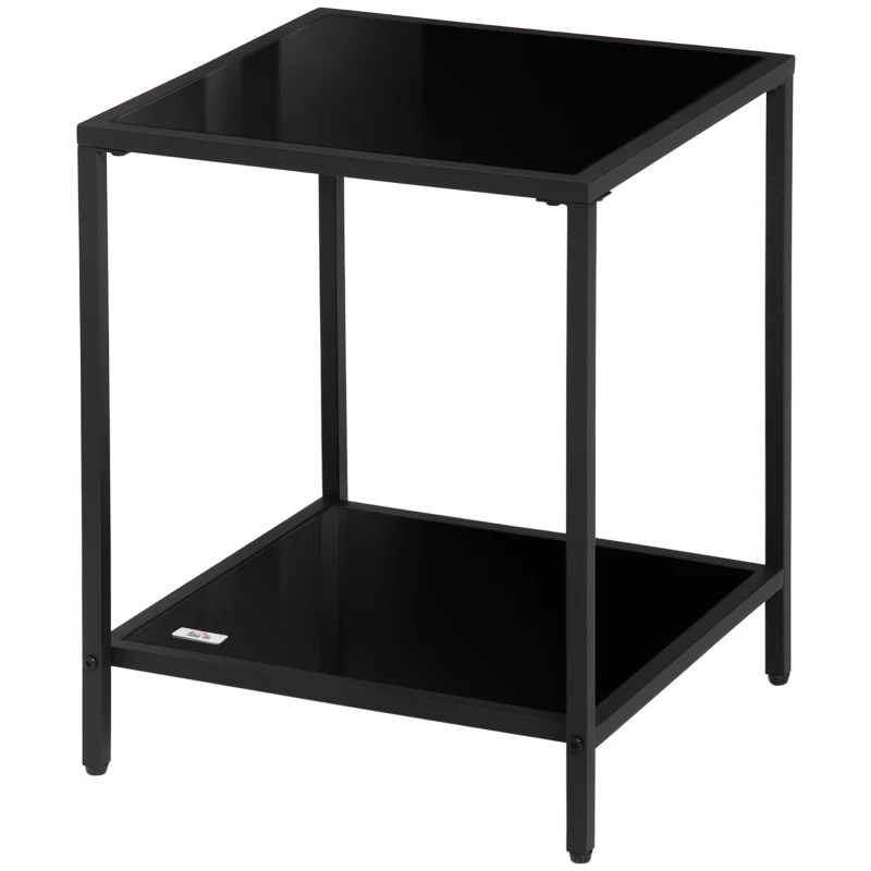 HOMCOM Side Table with Tempered Glass Top, End Table with 2-Tier Storage, Classic Accent Table with Steel Frame, Black