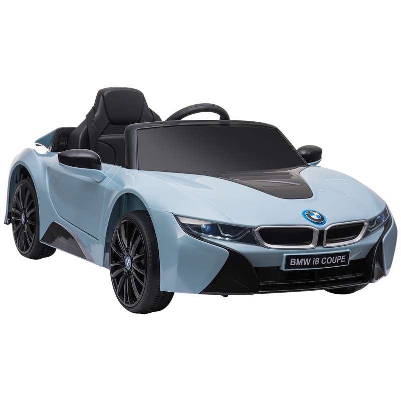 HOMCOM Coche Eléctrico BMW I8 COUPE con Licencia para Niños de +3 Años Batería 6V Control Remoto y Manual con Música MP3 Bocina y Faros 115x72,5x46 cm Azul