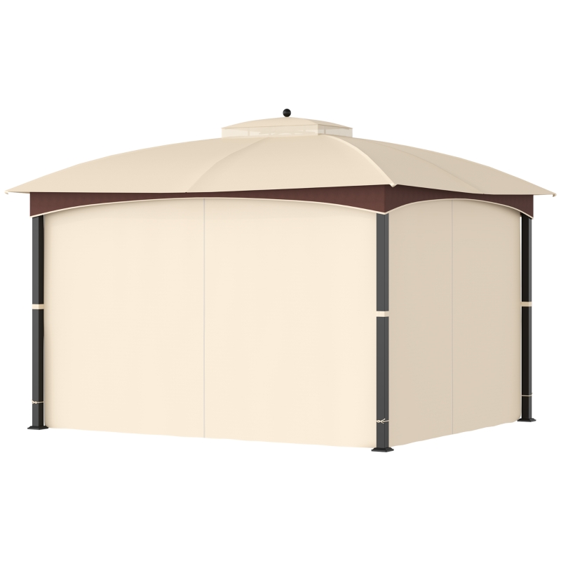 Outsunny 4 x 3(m) Patio Metal Gazebo, Garden Canopy Shelter with Double Tier Roof, Removable Netting and Curtains Marquee Tent, Khaki