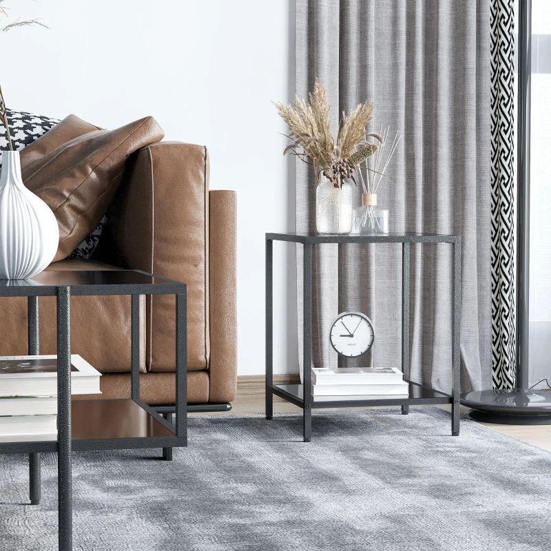 HOMCOM Side Table with Tempered Glass Top, End Table with 2-Tier Storage, Classic Accent Table with Steel Frame, Black