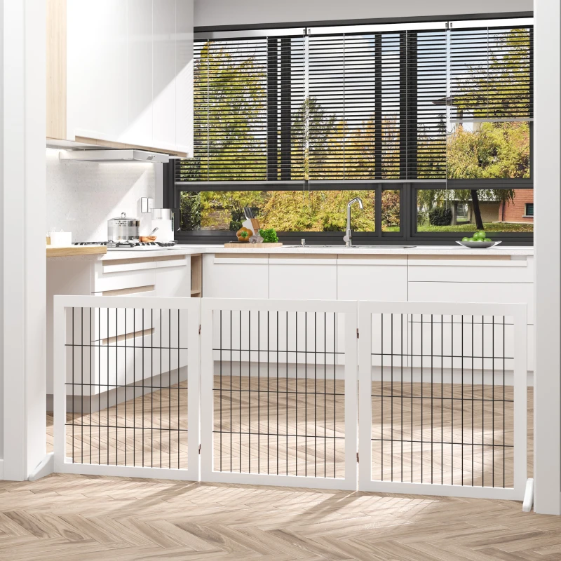 PawHut Absperrgitter für Hunde Schutzgitter Hundegitter mit Stützfüßen Treppengitter Hundeabsperrgitter Türschutzgitter für Kamin & Ofen, Kiefernholz Weiß 185 x 36 x 71 cm