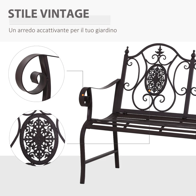Outsunny Panchina da Giardino Verniciatura a Polvere Doppio Sedile per Giardino, Parco, Cortile in Ferro, Marrone 118 x 60 x 94cm marrone