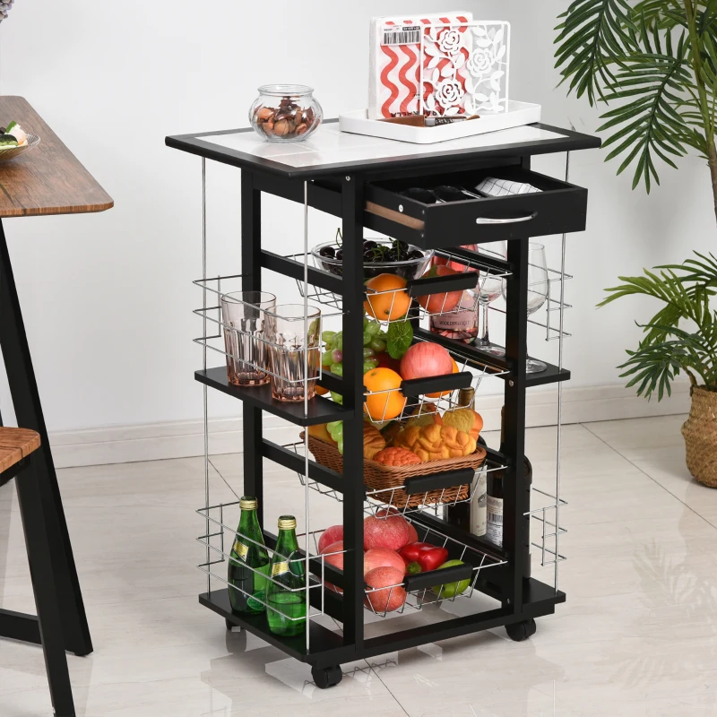 HOMCOM 4-Tier Kitchen Trolley Cart on Rolling Wheels with 4 Removable Baskets, 4 Side Rack  Organizer,Ceramics Tile Top