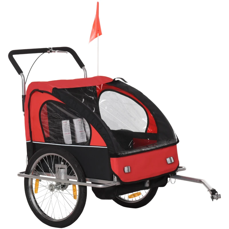 HOMCOM przyczepka rowerowa dzieci 2 dzieci z chorągiewką ochrona przed deszczem przewiewna stal pomarańczowa 142 x 85 x 105 cm