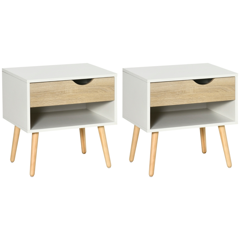 HOMCOM Set de 2 Mesitas de Noche Mesa Auxiliar con 1 Cajón y Estante de Almacenamiento con para Dormitorio Salón Cama Oficina Estilo Moderno 50x39x51 cm Blanco y Roble