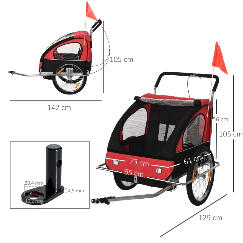 HOMCOM przyczepka rowerowa dzieci 2 dzieci z chorągiewką ochrona przed deszczem przewiewna stal pomarańczowa 142 x 85 x 105 cm