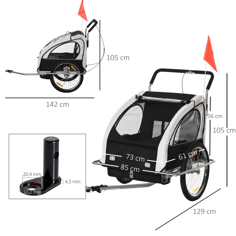 HOMCOM Kinderanhänger Fahrradanhänger Kinder Radanhänger für 2 Kinder mit Fahne Regenschutz atmungsaktiv Weiß-Schwarz Stahl 142 x 85 x 105 cm